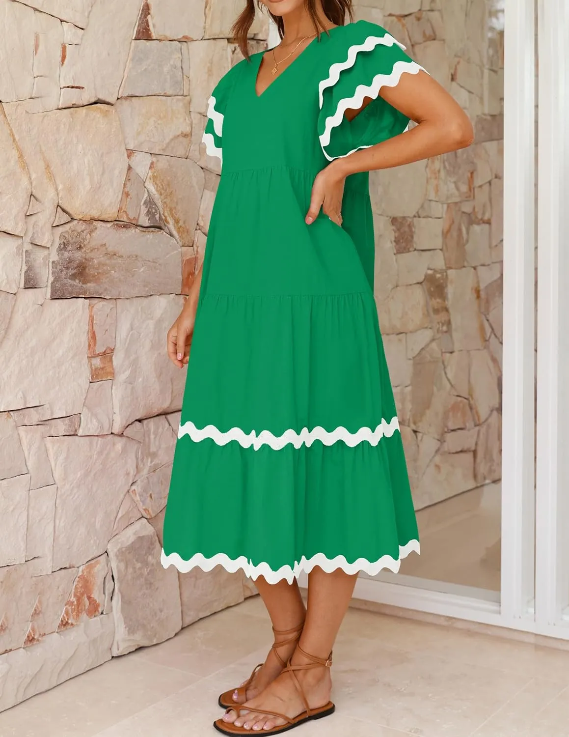 ZESICA Womens 2025 Summer Casual Midi Dresses V Neck Flutter Short Sleeve Ruffle Tiered A Line Flowy Beach Long Dress
