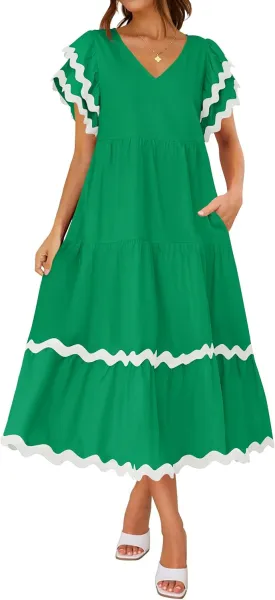 ZESICA Womens 2025 Summer Casual Midi Dresses V Neck Flutter Short Sleeve Ruffle Tiered A Line Flowy Beach Long Dress