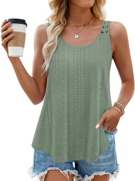 ZESICA Women's Summer Eyelet Tank Tops Loose Trendy Scoop Neck Sleeveless Flowy Beach Vacation Shirts